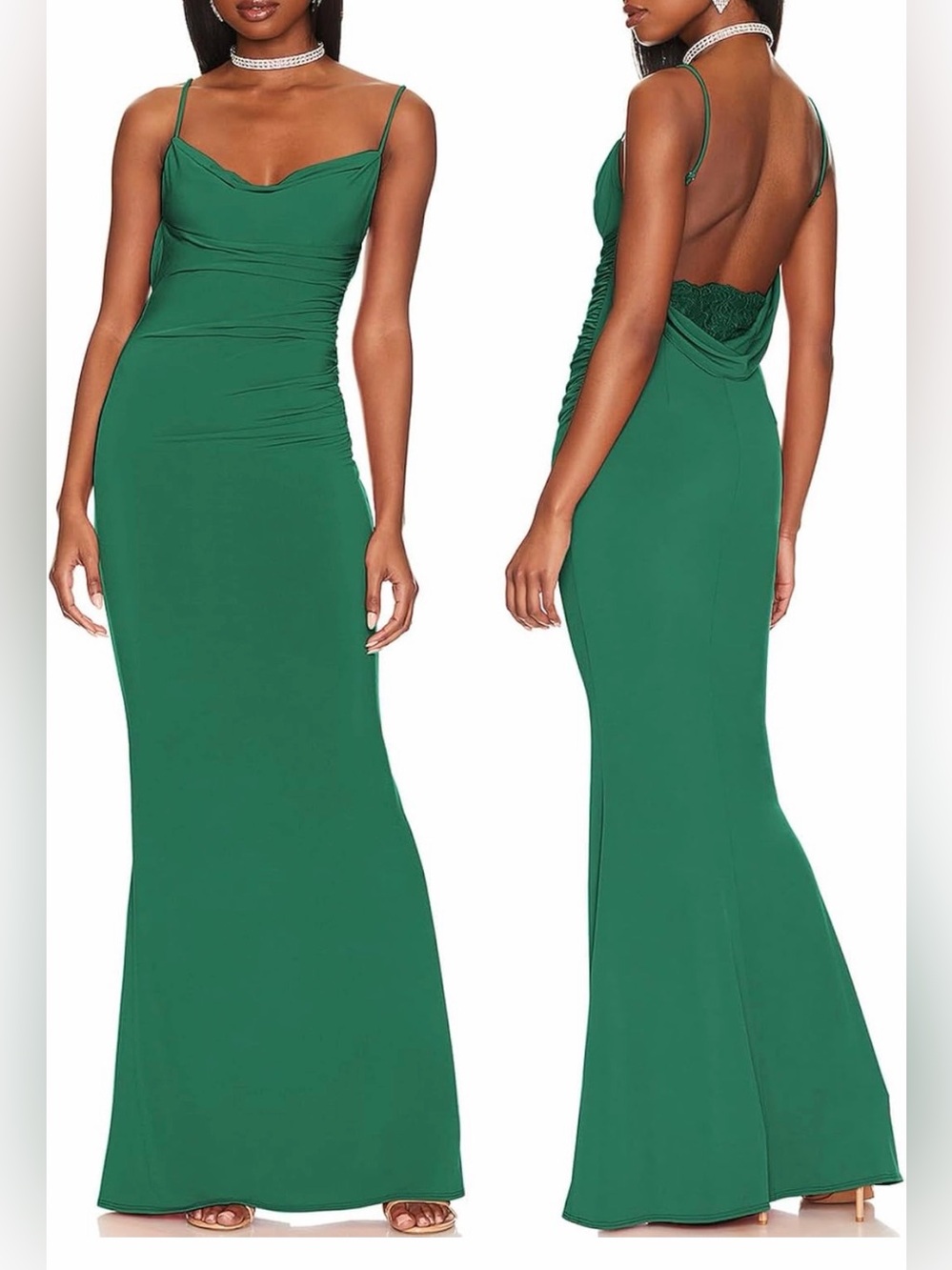 NWT Backless Cowl-Neck Evening Gown in Emerald Green w lace back, Medium (8-10)